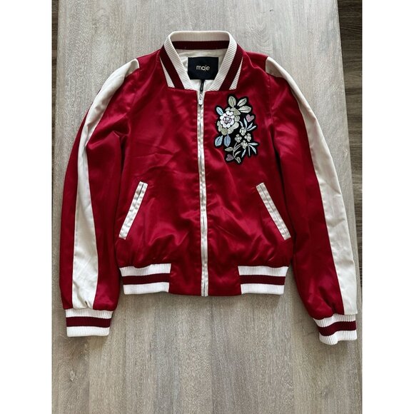 Maje Red Satin Floral Applique Bomber Jacket Size 38 - Picture 2 of 14